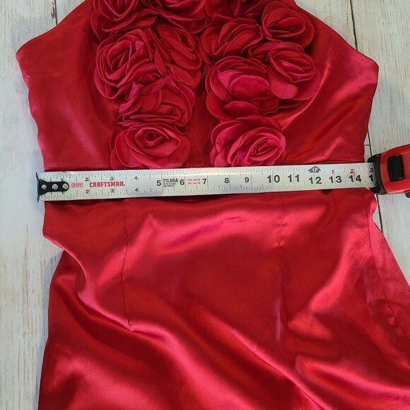 Red Satin Mermaid Rosette Halter Maxi Dress w/ Train Glam Party Dance NEW Medium - Picture 5 of 11